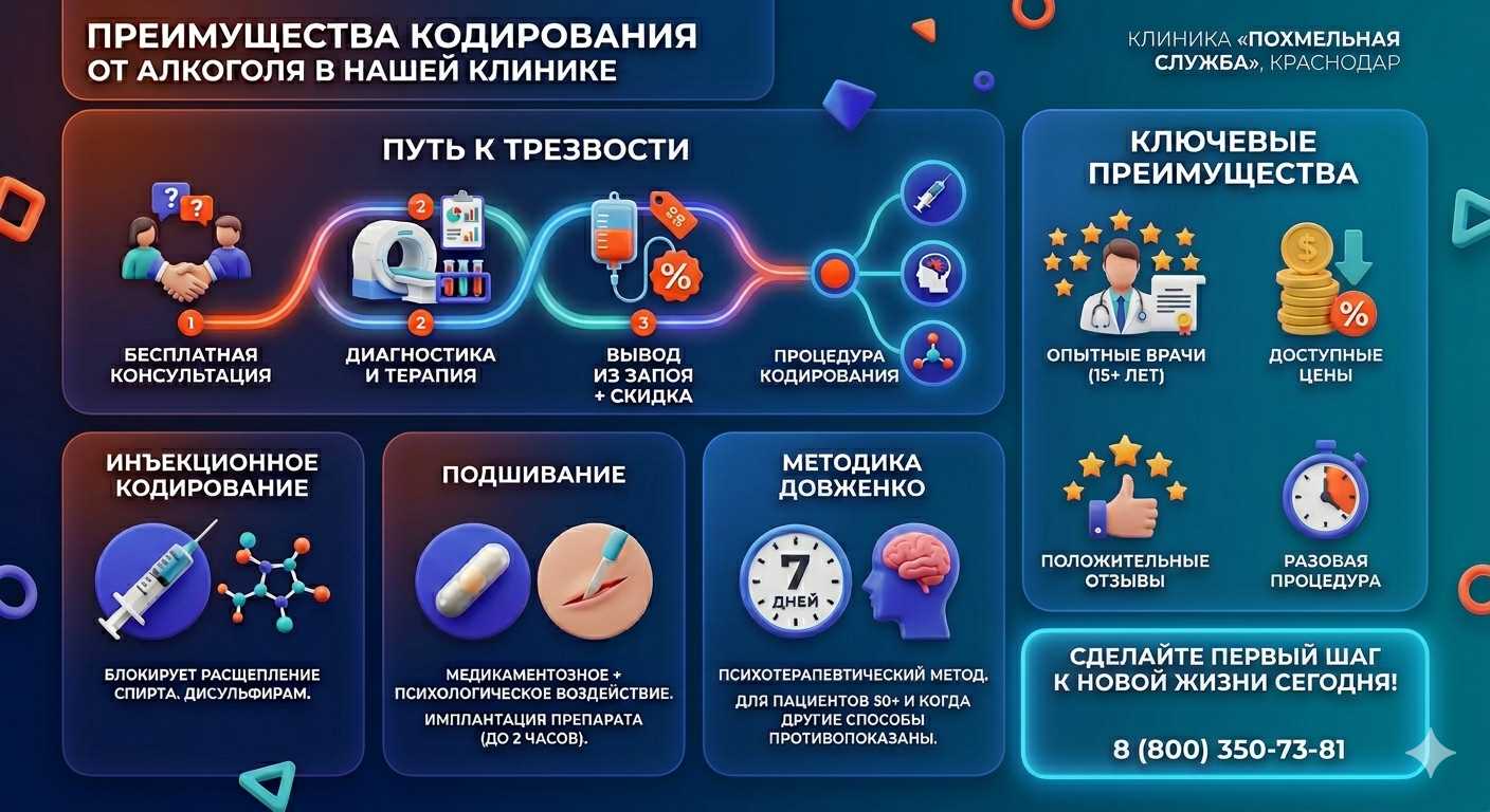 Инфографика о методах кодирования от алкоголя в Новотитаровской: инъекции, подшивание, метод Довженко. Преимущества клиники и этапы лечения.