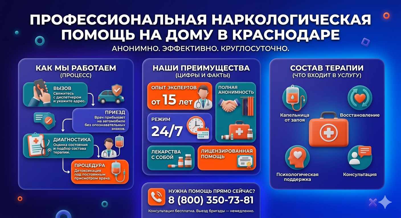 Инфографика о принципах лечения алкоголизма на дому в Новотитаровской: этапы вызова нарколога, преимущества анонимной детоксикации и состав медицинской помощи.